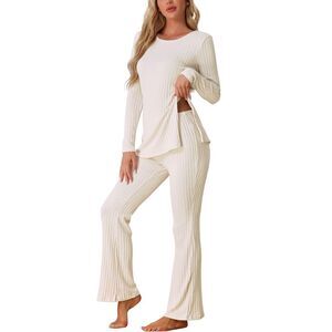 Ribbed Knit Long Sleeves Top and Pants Pajama Two Piece Matching Set White